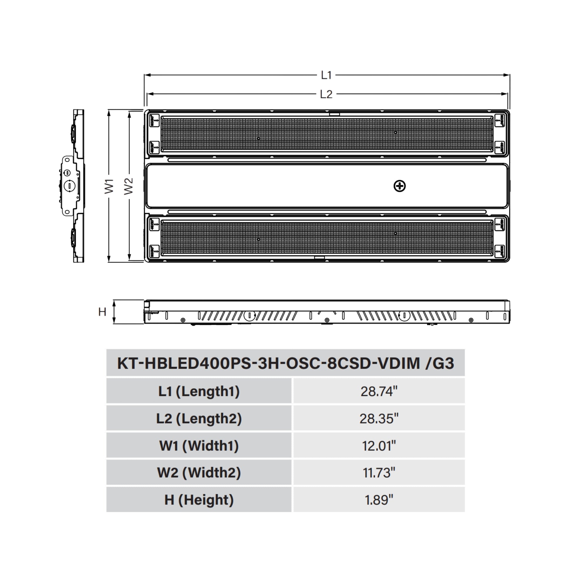 Keystone Technologies KT-HBLED400PS-3H-OSC-8CSD-VDIM-G3 Keystone OpticSwap 3FT Linear High Bay 64000 Lumens Selectable 400W/320W/240W Selectable CCT 120-277V Suspended Mount - White linear LED high bay light with black adjustable optic panels, 3-foot length, slim rectangular design.