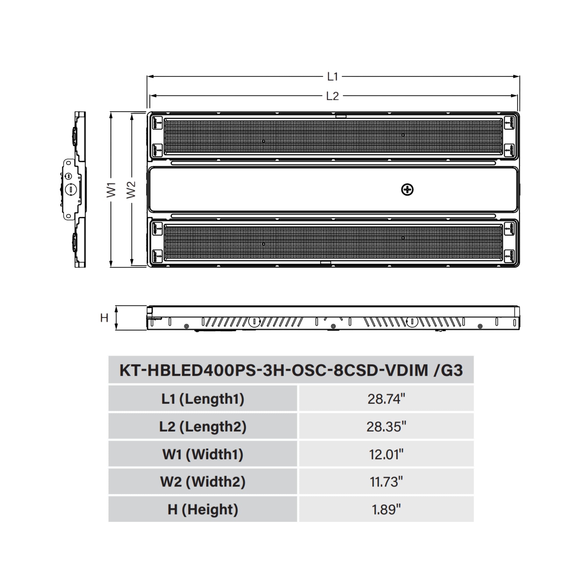Keystone Technologies KT-HBLED400PS-3H-OSC-8CSD-VDIM-G3 Keystone OpticSwap 3FT Linear High Bay 64000 Lumens Selectable 400W/320W/240W Selectable CCT 120-277V Suspended Mount - White linear LED high bay light with black adjustable optic panels, 3-foot length, slim rectangular design.