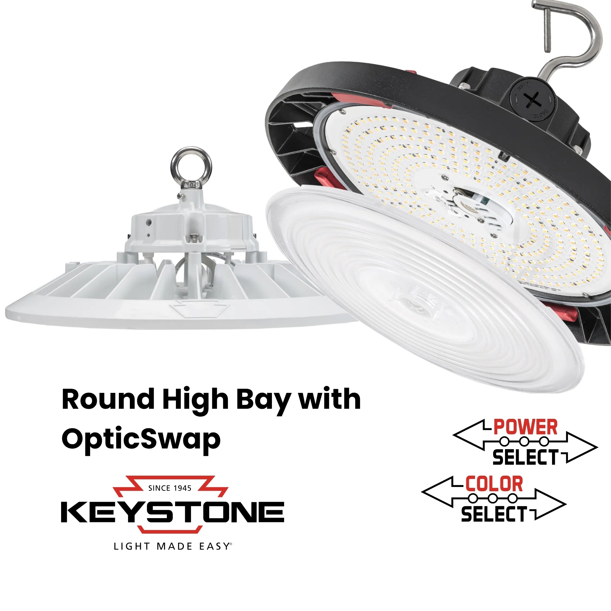Keystone XFit OpticSwap UFO LED High Bay 15900 Lumens Selectable 100W/70W/50W Selectable CCT 120-277V Hook Mount White