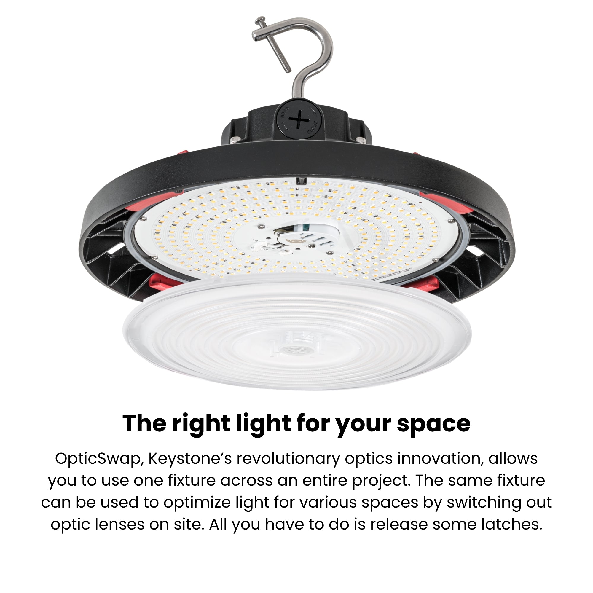 Keystone XFit OpticSwap UFO LED High Bay 15900 Lumens Selectable 100W/70W/50W Selectable CCT 120-277V Hook Mount Black