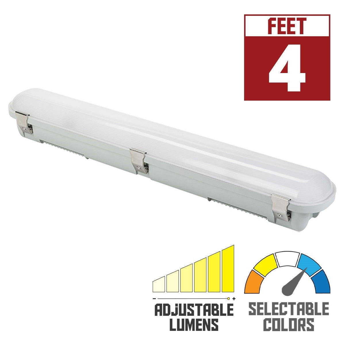 4ft LED Vapor Tight Fixture, 18/28/44 Watts Adjustable, Selectable CCT 35K/40K/50K, 120-277V