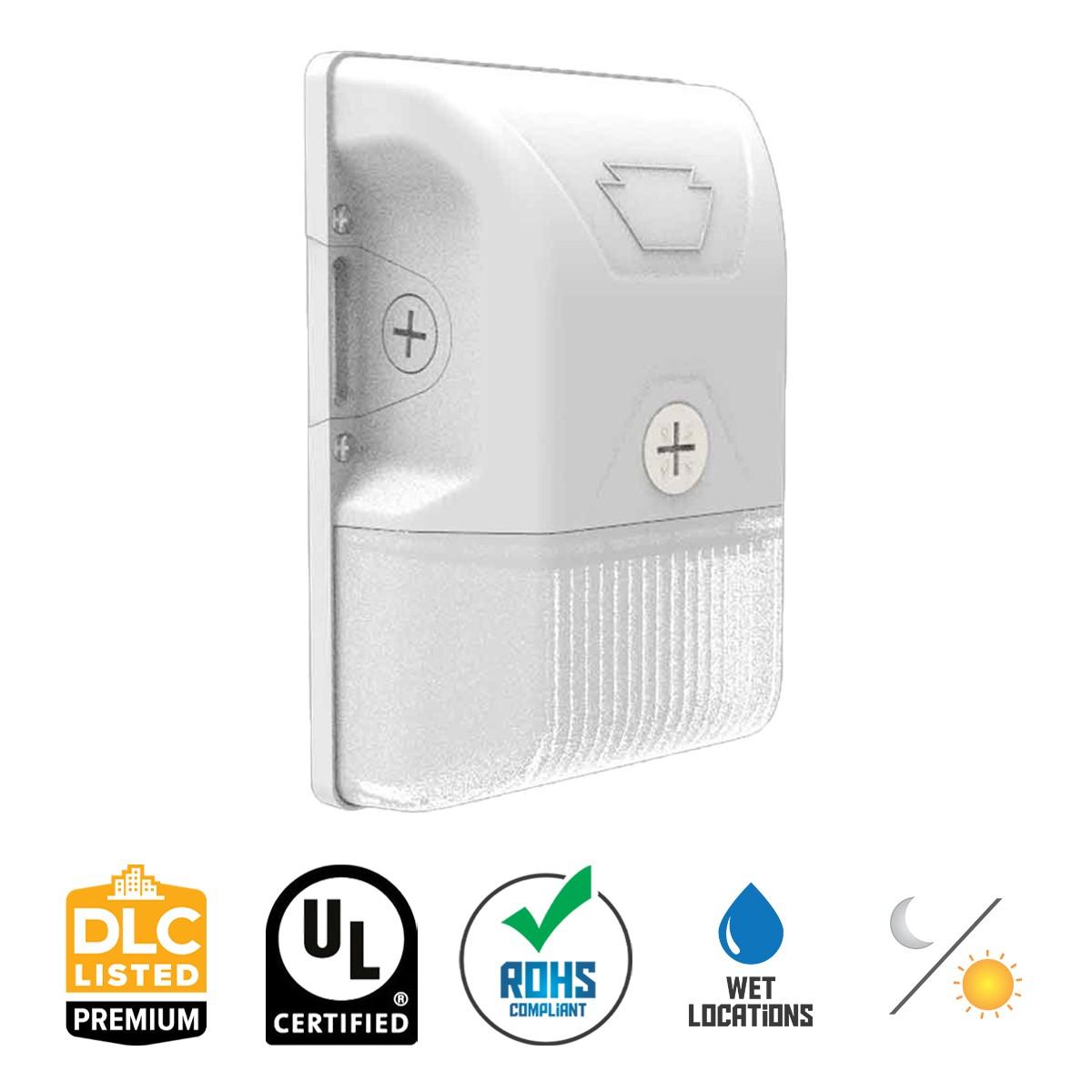 LED Mini Wall Pack With Photocell, 20W, 2700 Lumens, 30K/40K/50K, 120-277V, White - Bees Lighting