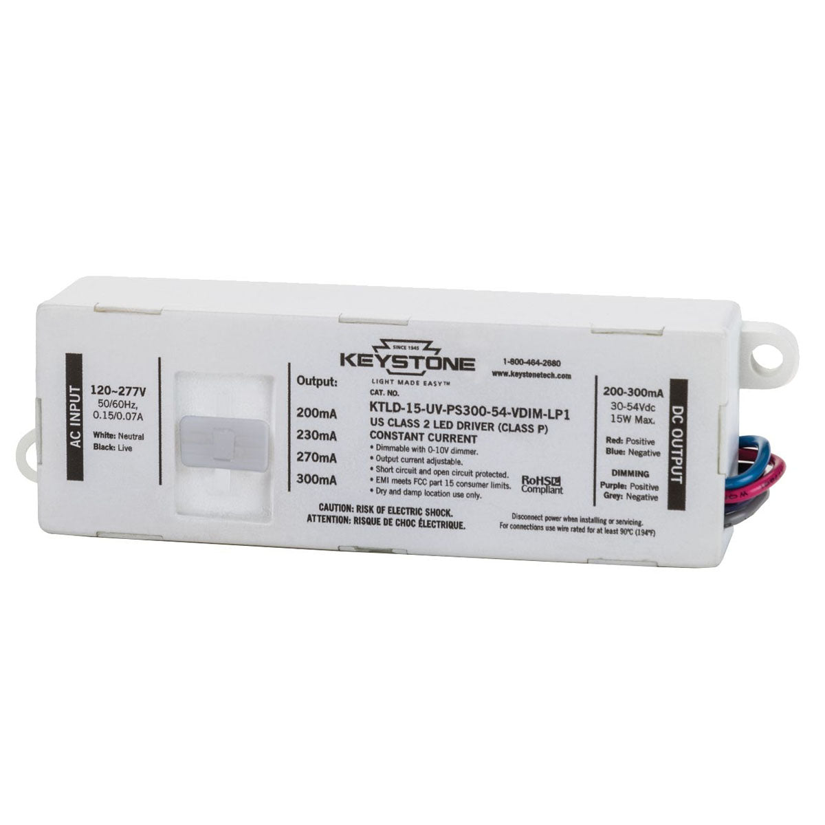 Power Select LED Driver, 15W, Adjustable Constant Current 200-300mA, 0-10V Dimming, 120-277V Input
