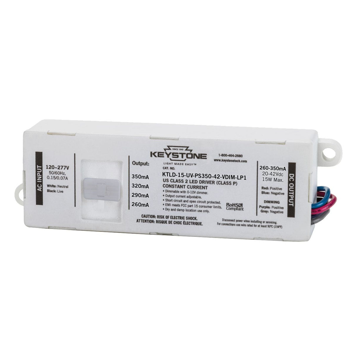 Power Select LED Driver, 15W, Adjustable Constant Current 260-350mA, 0-10V Dimming, 120-277V Input