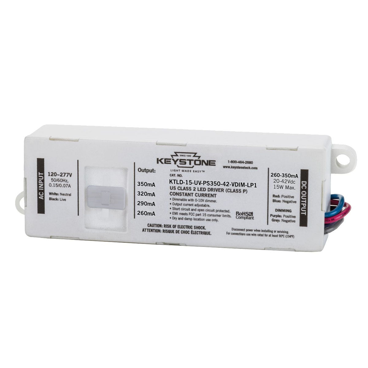 15 Watts LED Driver, Selectable Current 260-350mA, 0-10V Dimming, 120-277V - Bees Lighting
