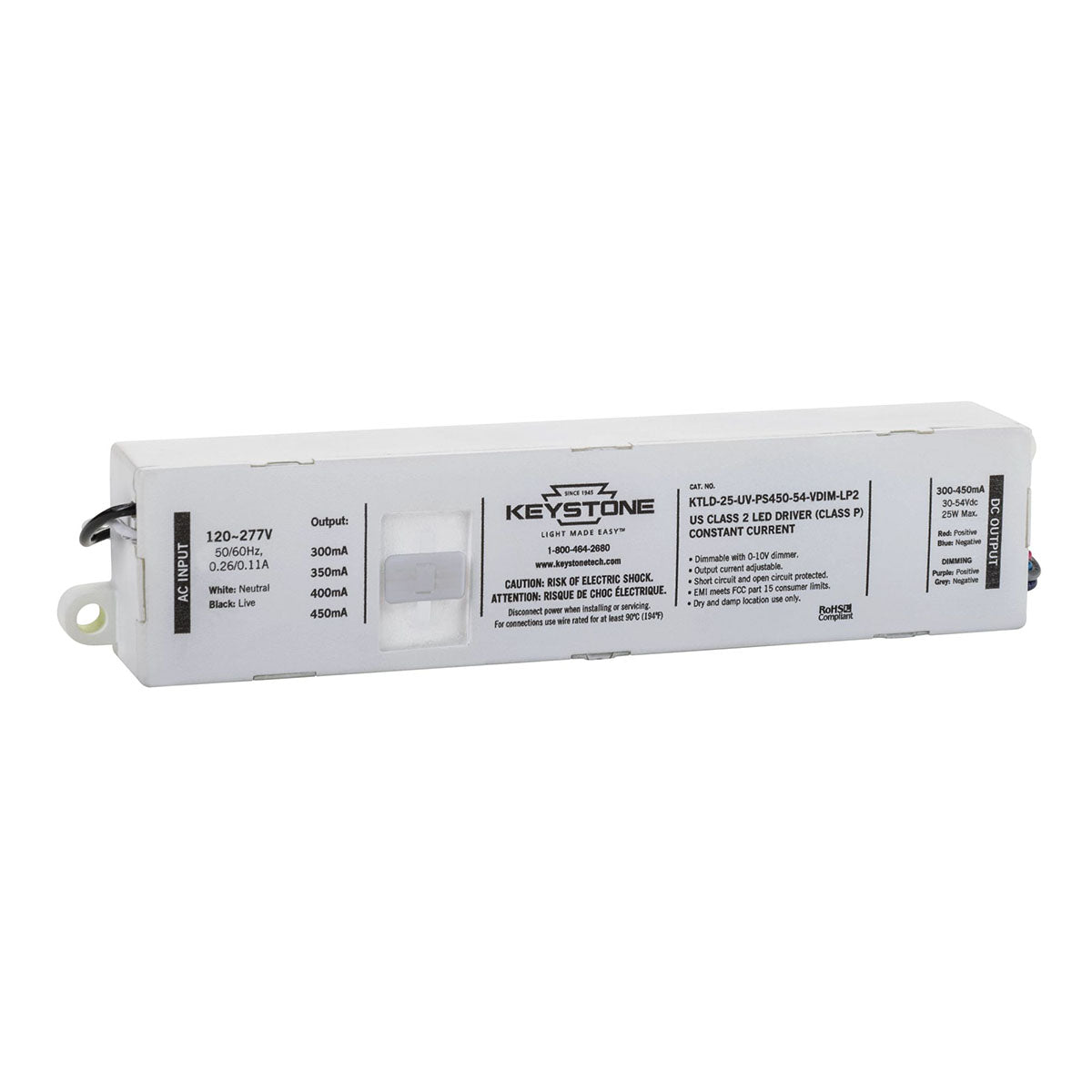 Power Select LED Driver, 25W, Adjustable Constant Current 300-450mA, 0-10V Dimming, 120-277V Input