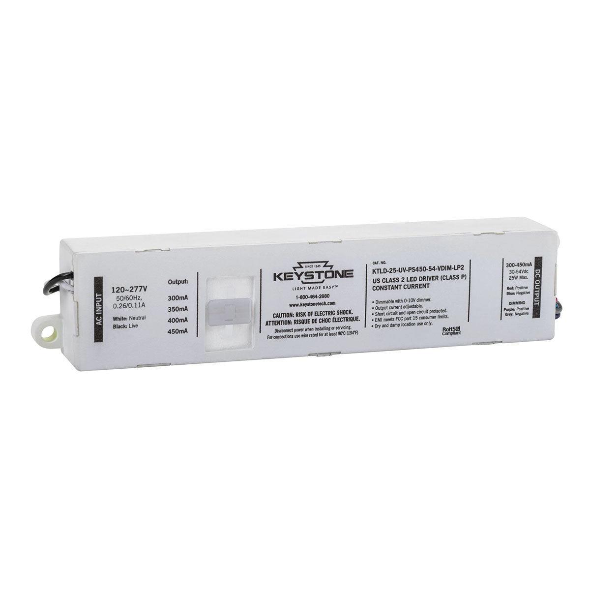 25 Watts LED Driver, Selectable Current 300-450mA, 0-10V Dimming, 120-277V - Bees Lighting