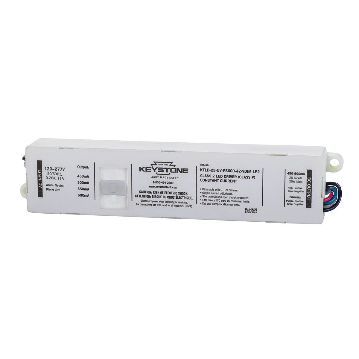 Power Select LED Driver, 25W, Adjustable Constant Current 450-600mA, 0-10V Dimming, 120-277V Input