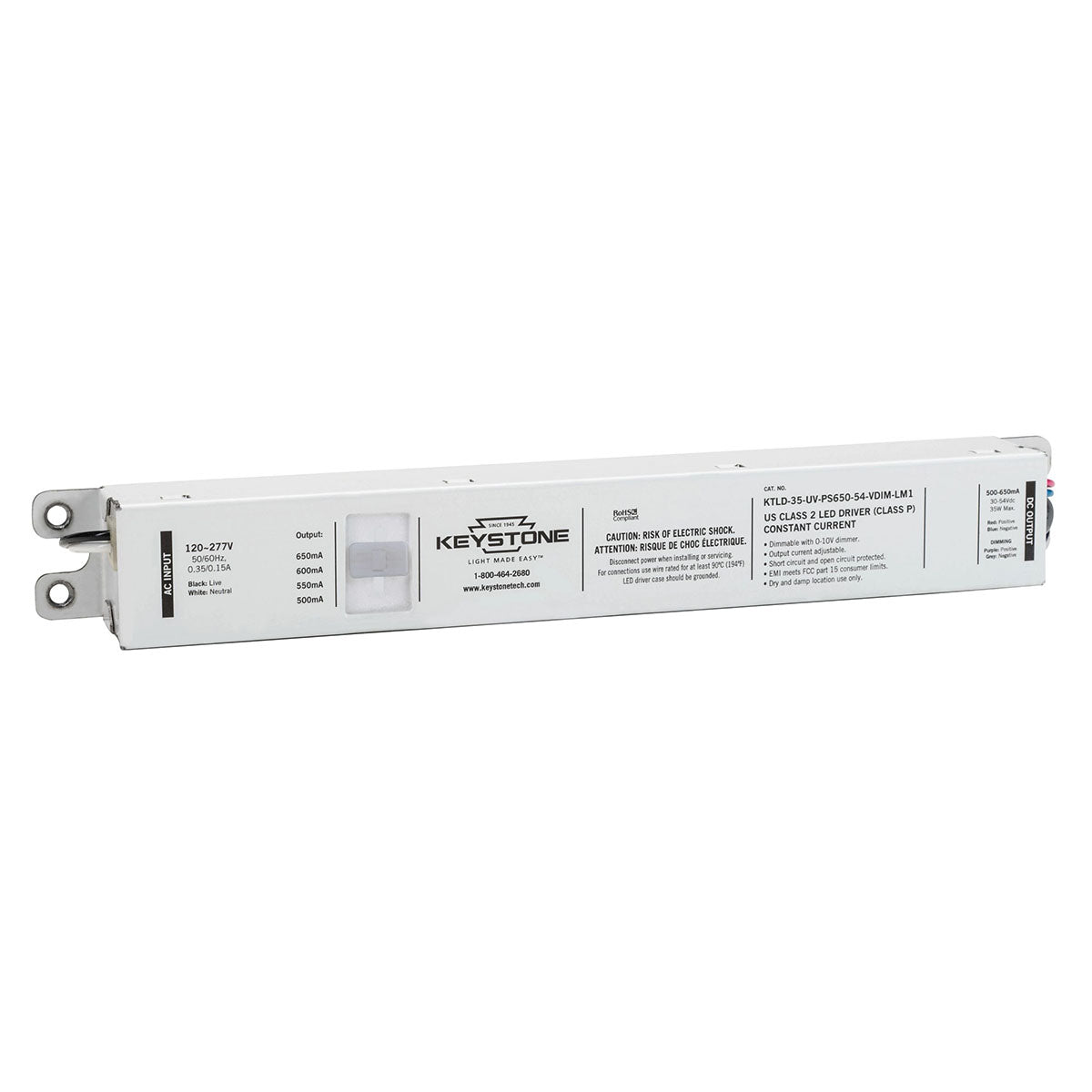 Power Select LED Driver, 35W, Adjustable Constant Current 550-650mA, 0-10V Dimming, 120-277V Input