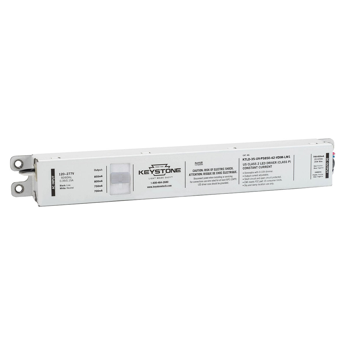 Power Select LED Driver, 35W, Adjustable Constant Current 700-850mA, 0-10V Dimming, 120-277V Input