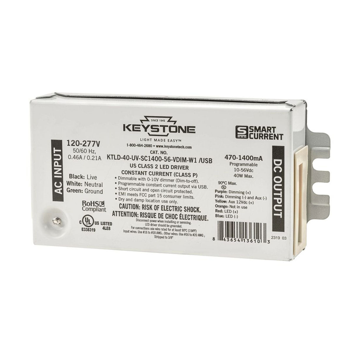 SmartCurrent, 40W, 470-1400mA Programmable LED Driver, 0-10V Dimming, 120-277V Input