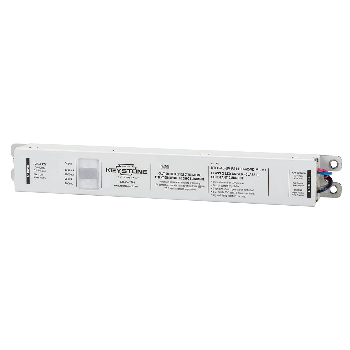 Power Select LED Driver, 45W, Adjustable Constant Current 900-1100mA, 0-10V Dimming, 120-277V Input