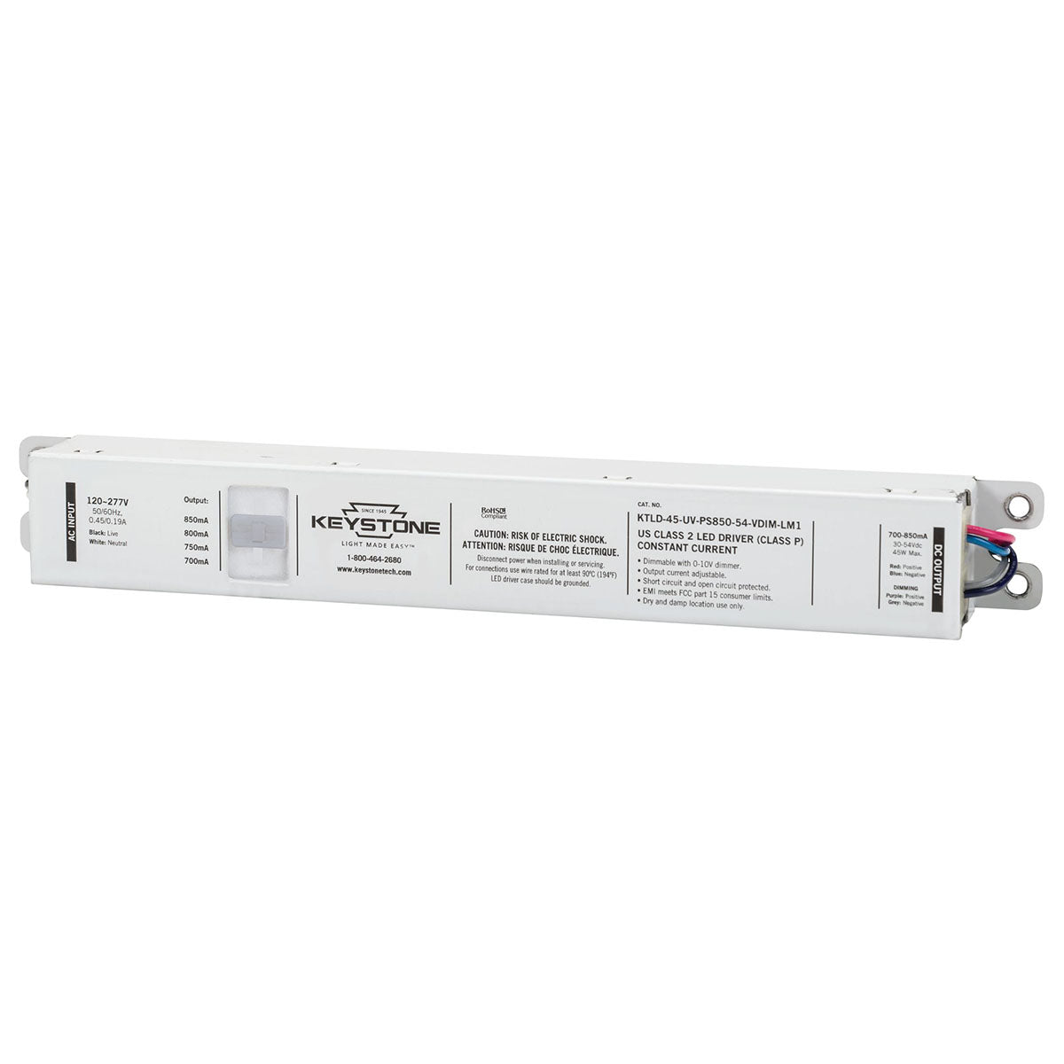 Power Select LED Driver, 45W, Adjustable Constant Current 700-850mA, 0-10V Dimming, 120-277V Input