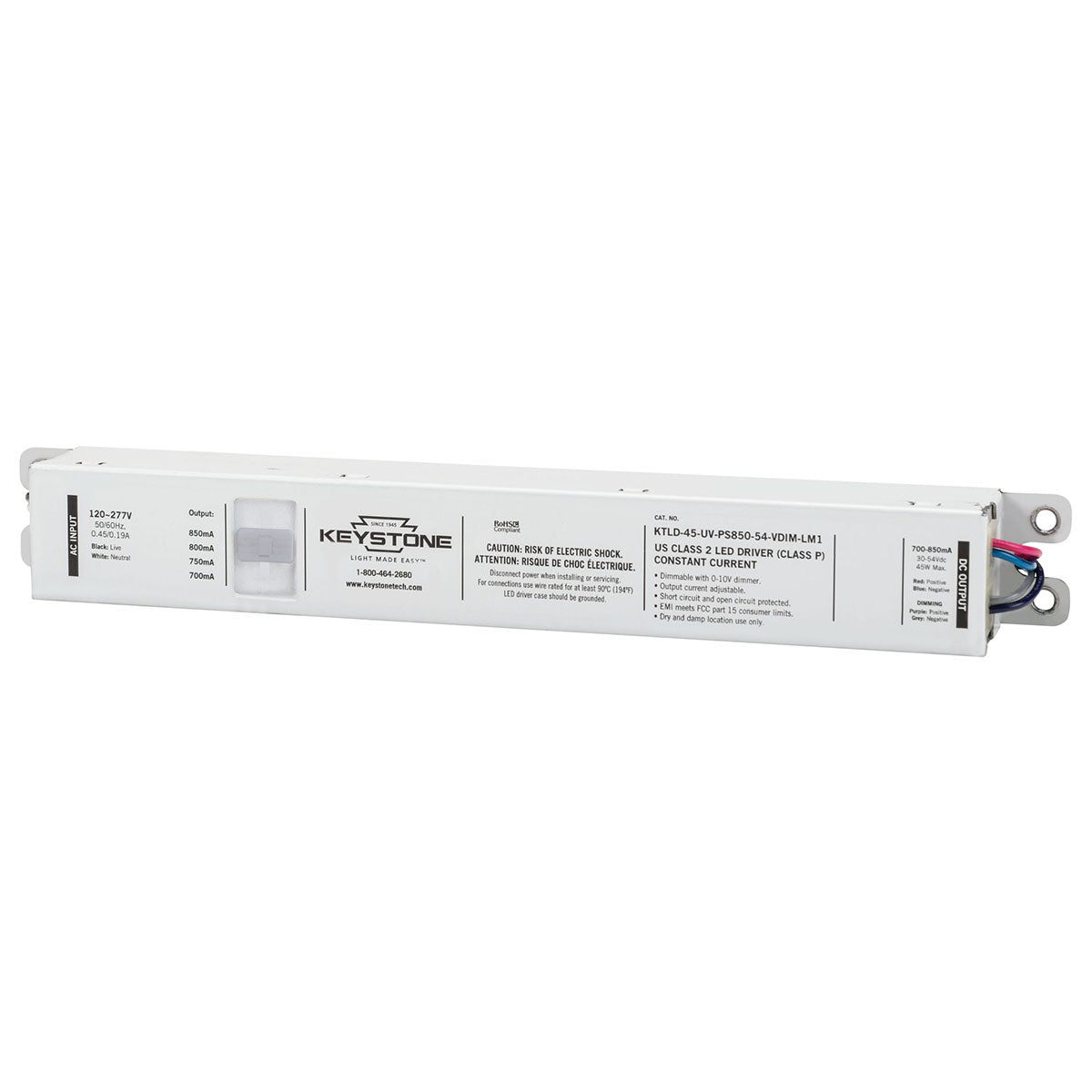 45 Watts LED Driver, Selectable Current 700-850mA, 0-10V Dimming, 120-277V - Bees Lighting