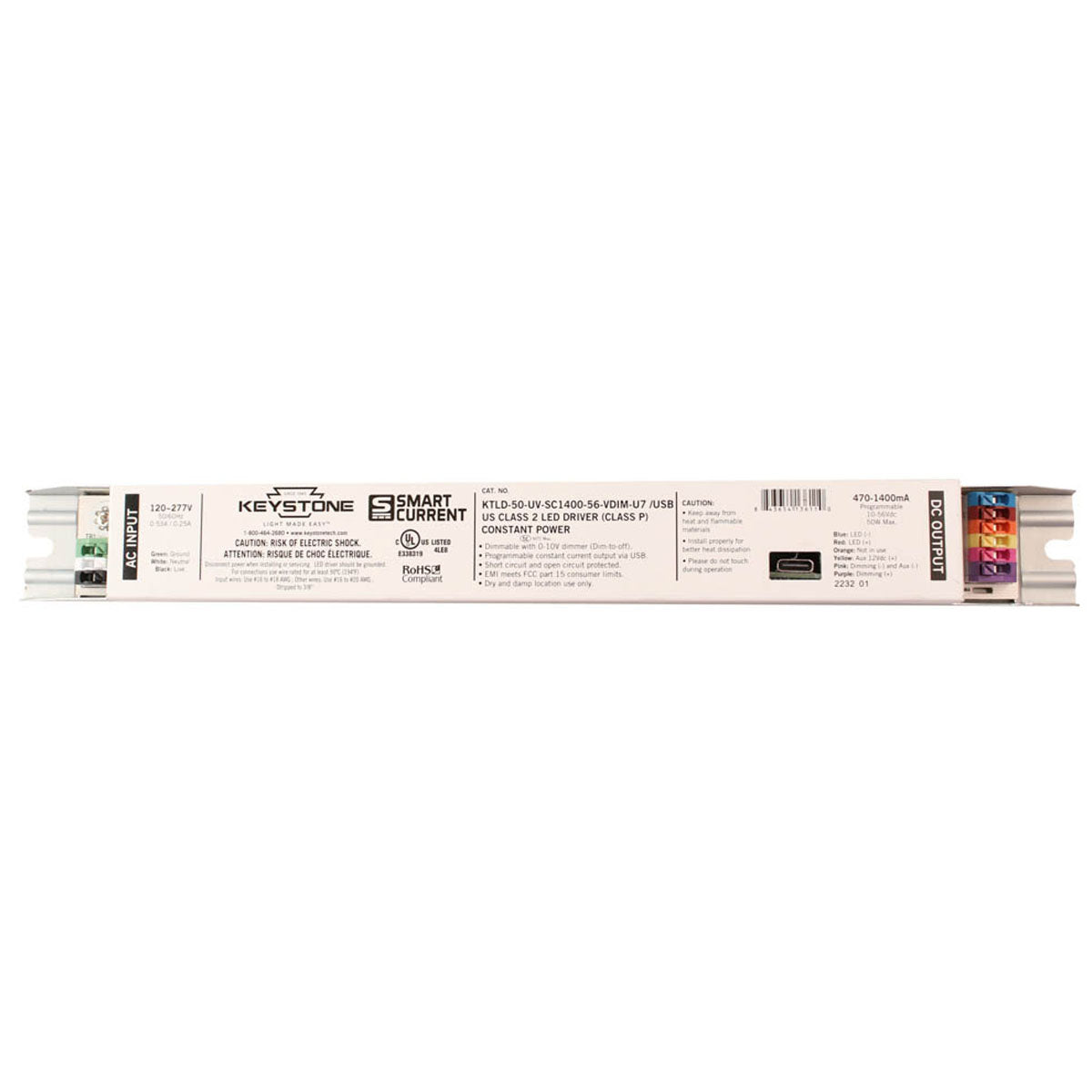 SmartCurrent 50Watts, USB Programmable LED Driver 470-1400mA, 0-10V Dimming, 120-277V - Bees Lighting