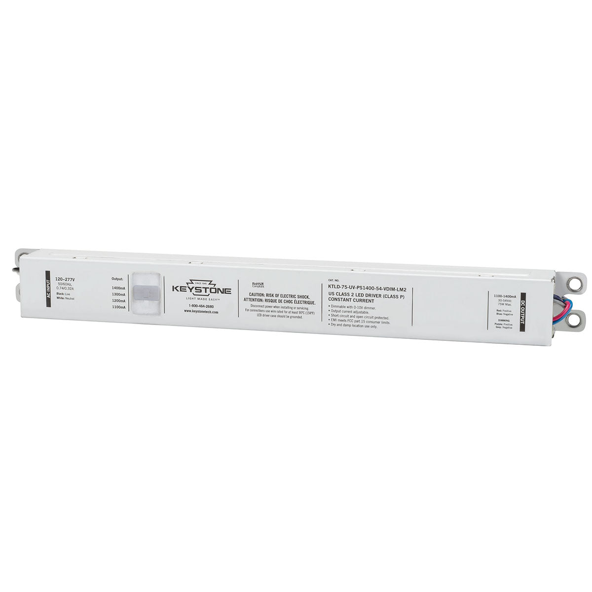 Power Select LED Driver, 75W, Adjustable Constant Current 1100-1400mA, 0-10V Dimming, 120-277V Input