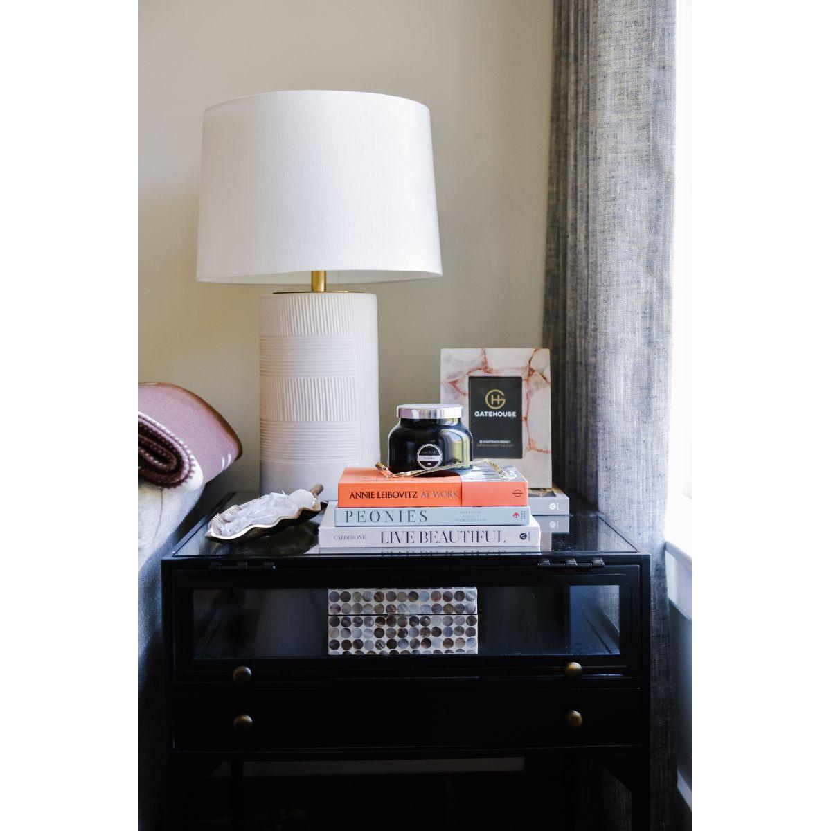 Borneo Table Lamp Aged Brass with White Stripes Combo Finish - Bees Lighting