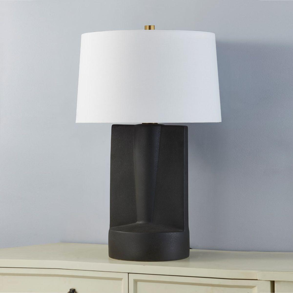 Wilson Table Lamp Ceramic Textured Dark Grey with Aged Brass Accents - Bees Lighting