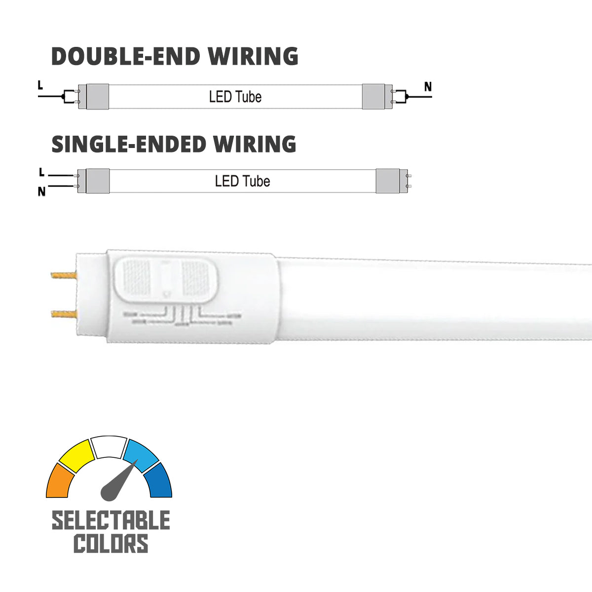 4ft LED T8 Tube, 12 Watt, 1800 Lumens, Selectable CCT 2700K to 5000K, Ballast Bypass, Dual End (Case Of 25) - Bees Lighting