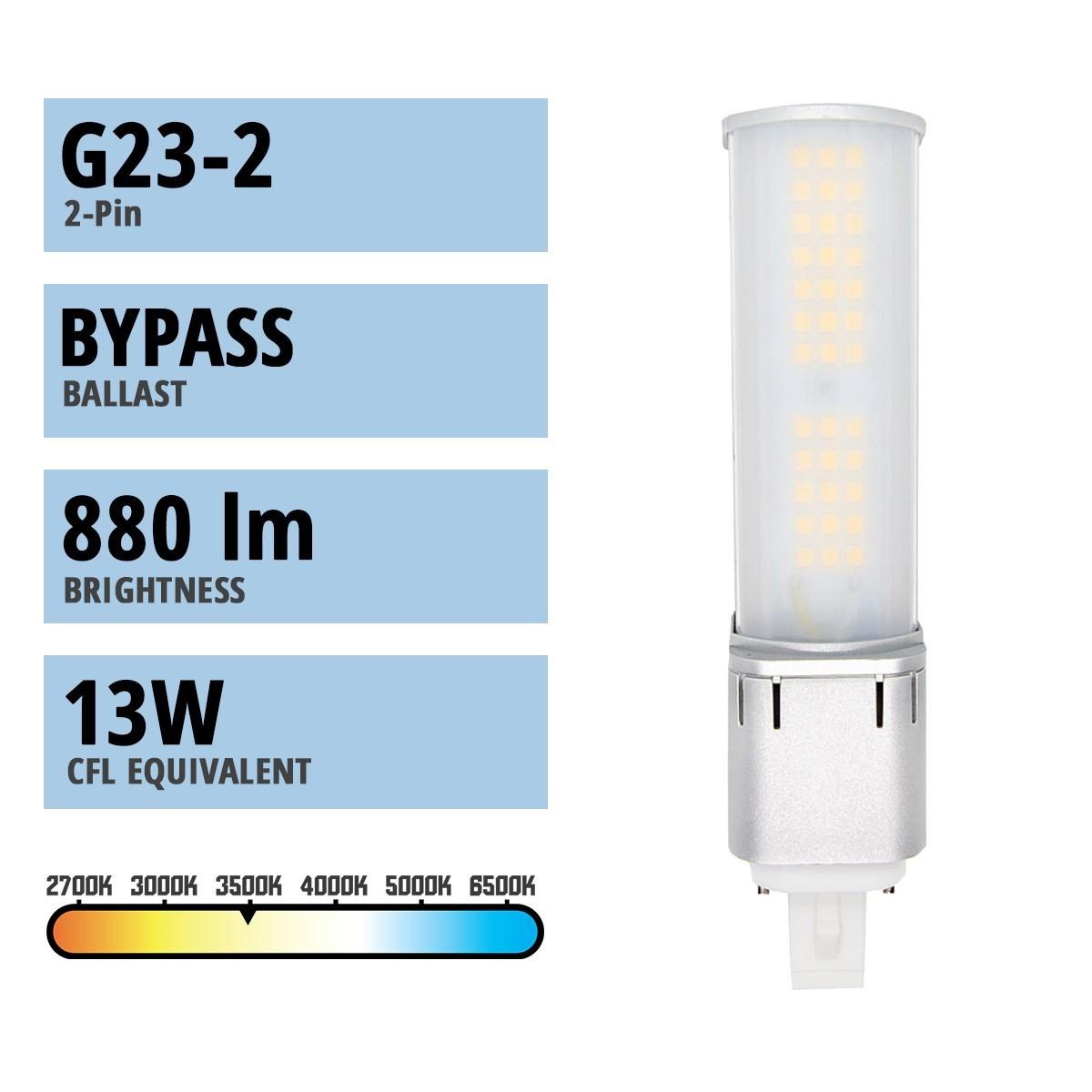2 pin PL LED Bulb, 7 Watt 880 Lumens, 3500K, Horizontal, Replaces 13W CFL, G23 Base, Direct Or Bypass