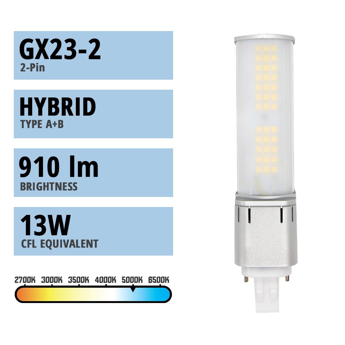 2 pin PL LED Bulb, 7 Watt 910 Lumens, 5000K, Horizontal, Replaces 13W CFL, GX23 Base-2, Direct Or Bypass