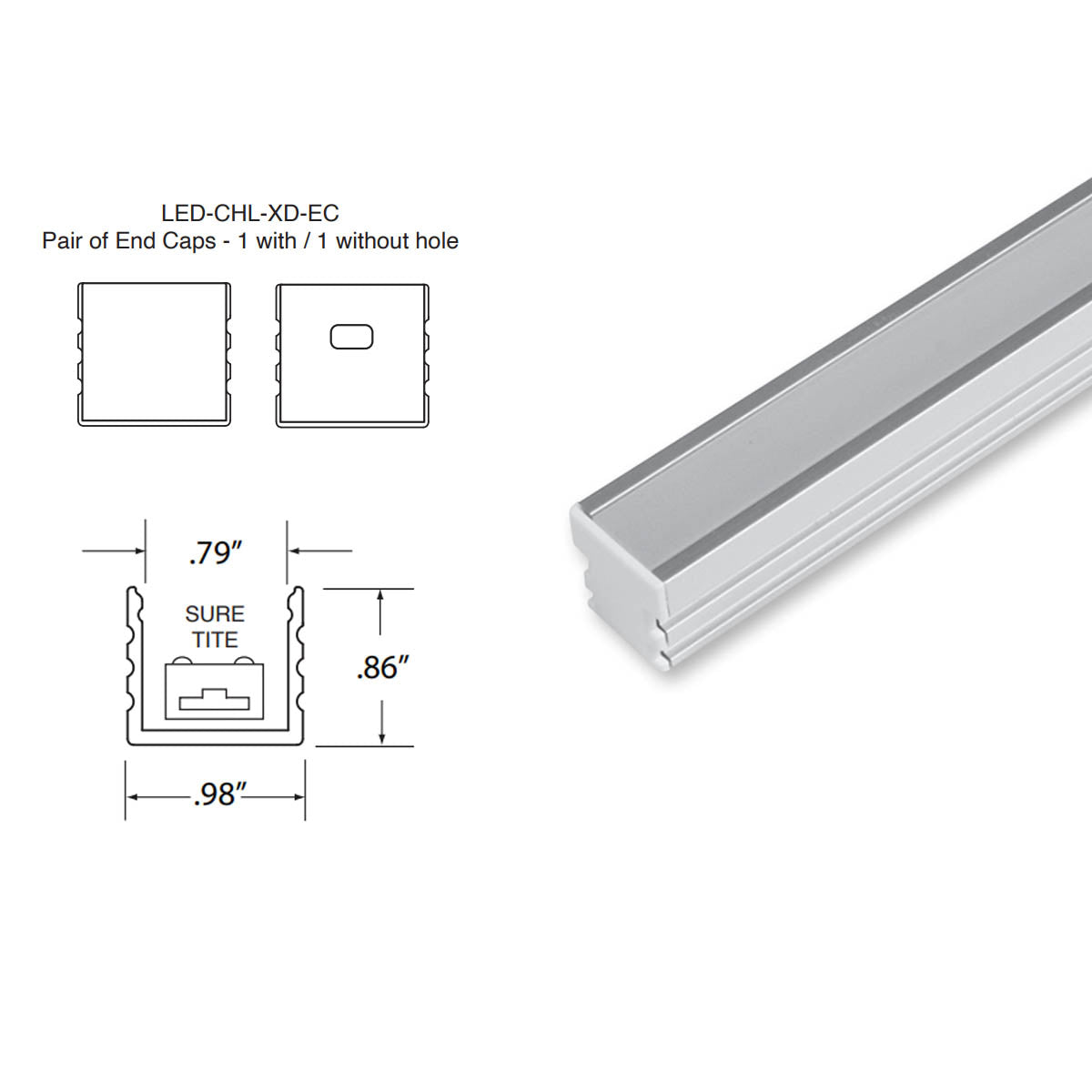 Two End caps, one solid, one with wiring hole for LED-CHL-XD Channel - Bees Lighting