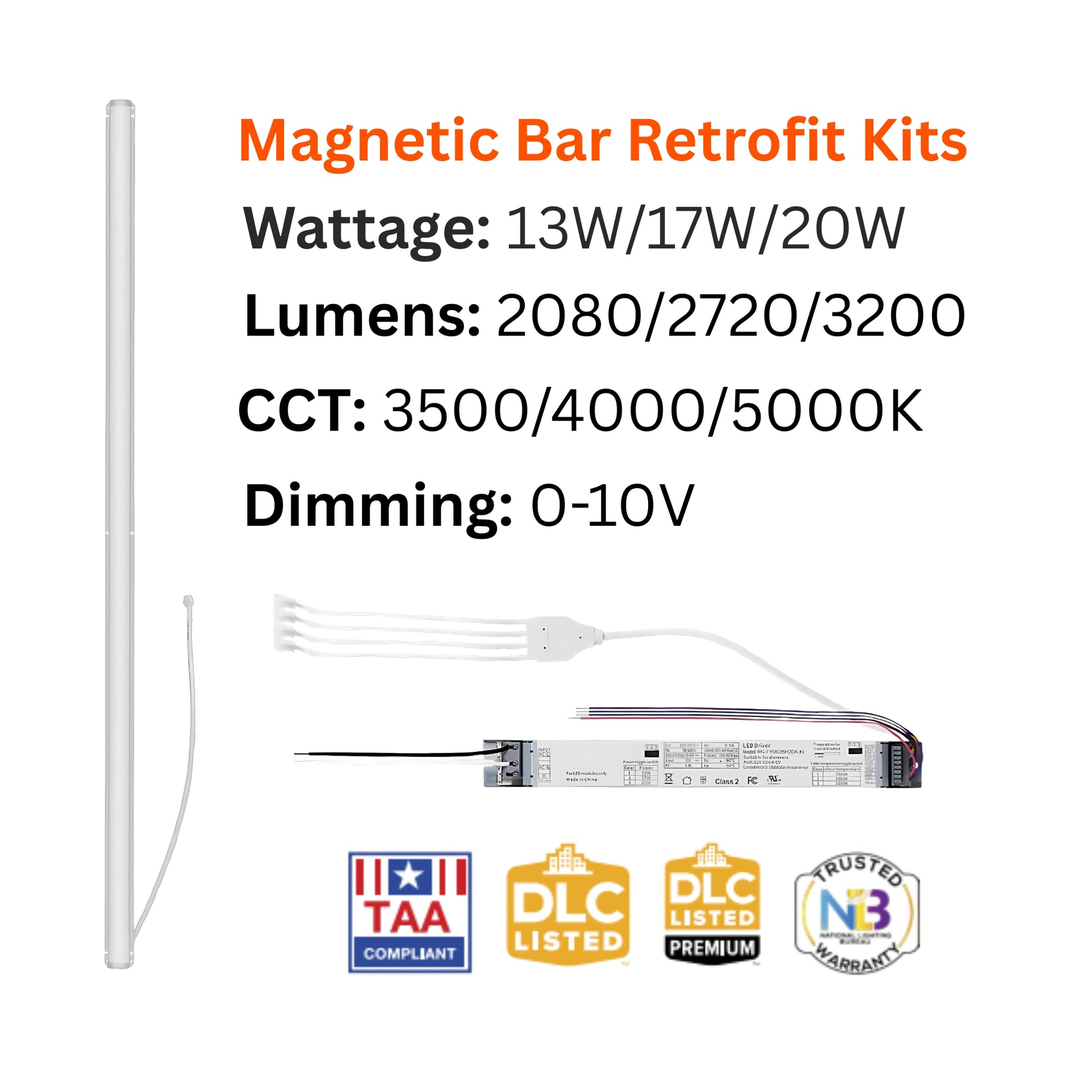 2ft Magnetic Linear Retrofit Kit, 2080/2720/3200 Lumens, 35K/40K/50K, 120-347V - Bees Lighting