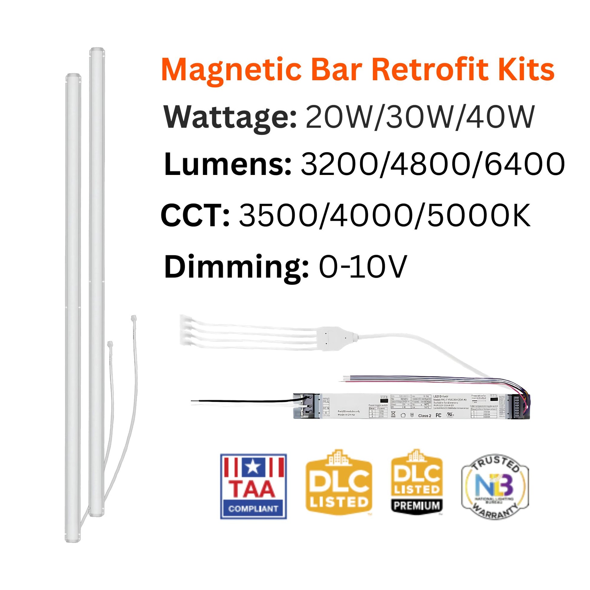 2ft Magnetic Linear Retrofit Kit, 3200/4800/6400 Lumens, 35K/40K/50K, 120-347V - Bees Lighting