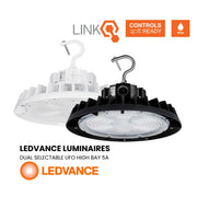 Dual selectable LEDVANCE Sylvania UFO High Bay lights in white and black finishes with hook mounts and controls-ready icons.