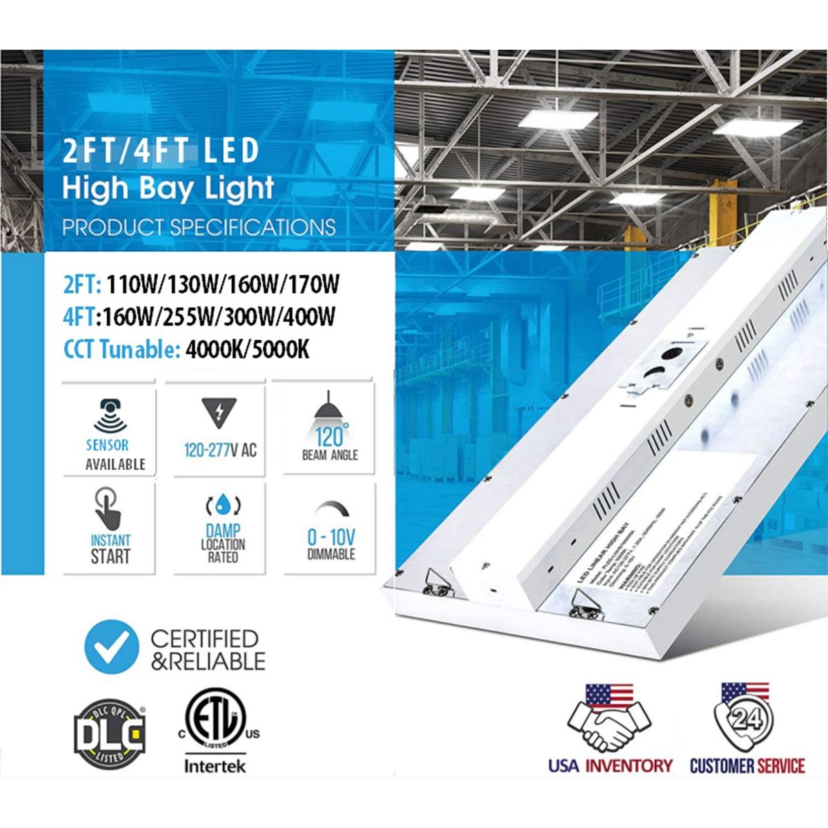 2ft LED Linear High Bay, 160 Watts, 20000 Lumens, 35K/40K/50K, 120-277V - Bees Lighting