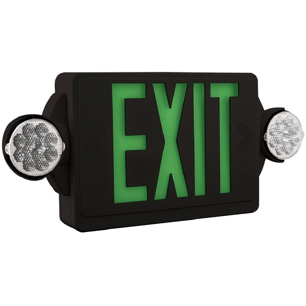 LED Exit Sign with Lights Green Letters Battery Backup, Black - Bees Lighting