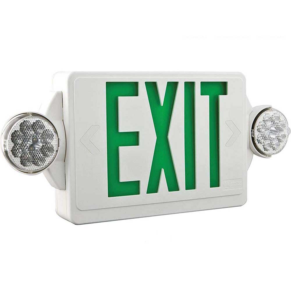 LED Combo Exit Sign, Universal Face with Green Letters, White Finish, High Output Battery Backup Included