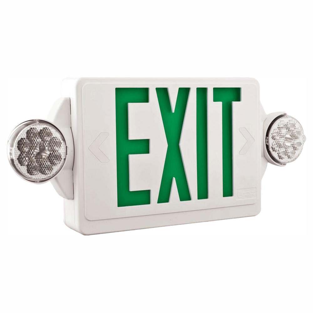 LED Combo Exit Sign, Universal Face with Green Letters, White Finish, High Output Battery Backup Included, Self-Diagnostics