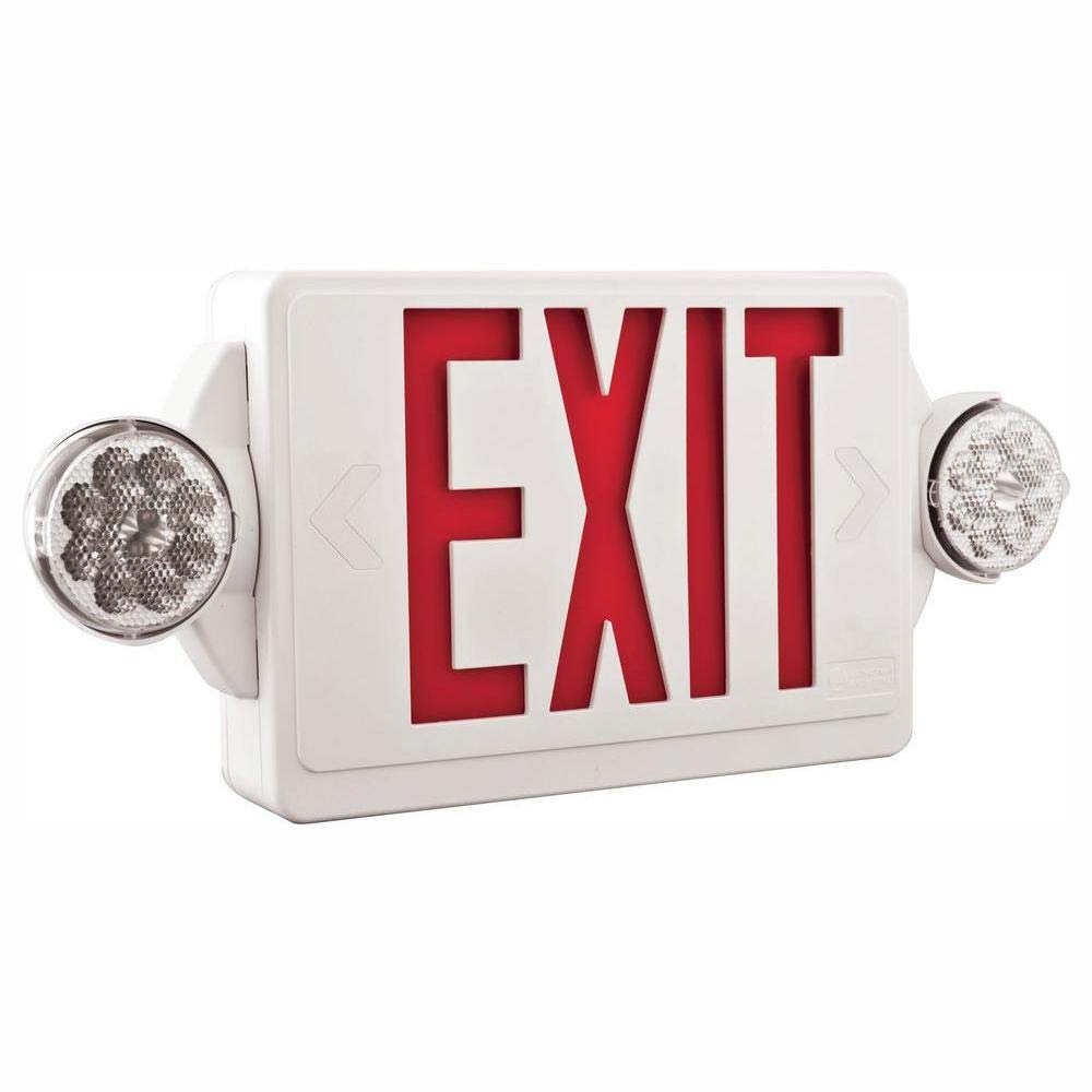 LED Combo Exit Sign, Universal Face with Red Letters, White Finish, Battery Backup Included - Bees Lighting
