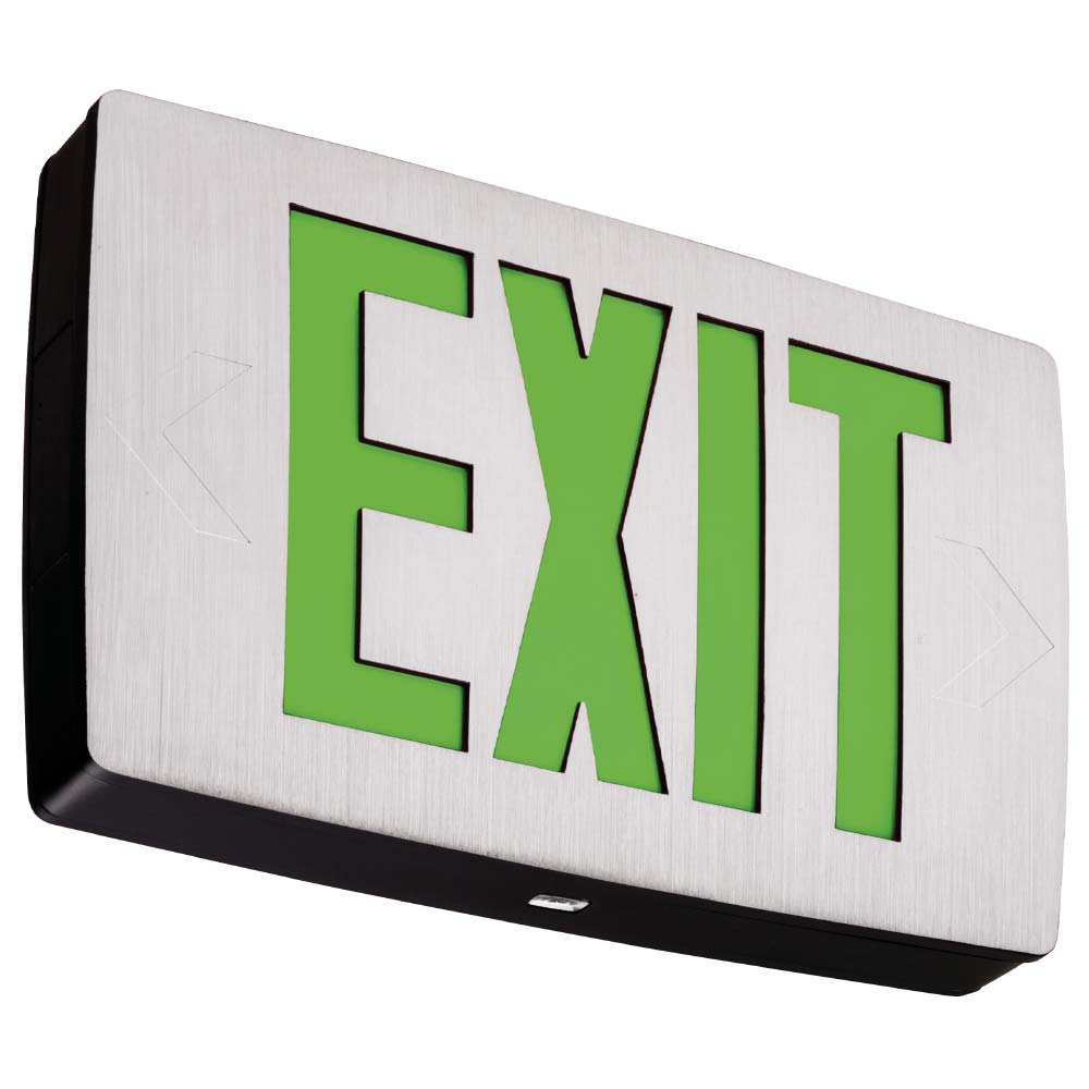 Die-Cast Aluminum LED Exit Sign Double Face Green Letter Dual-Voltage Battery Backup - Bees Lighting