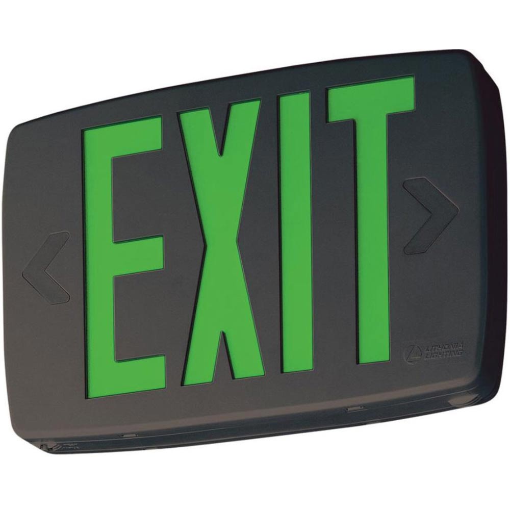 LED Exit Sign, Universal Face with Green Letters, Black Finish, Battery Backup Included