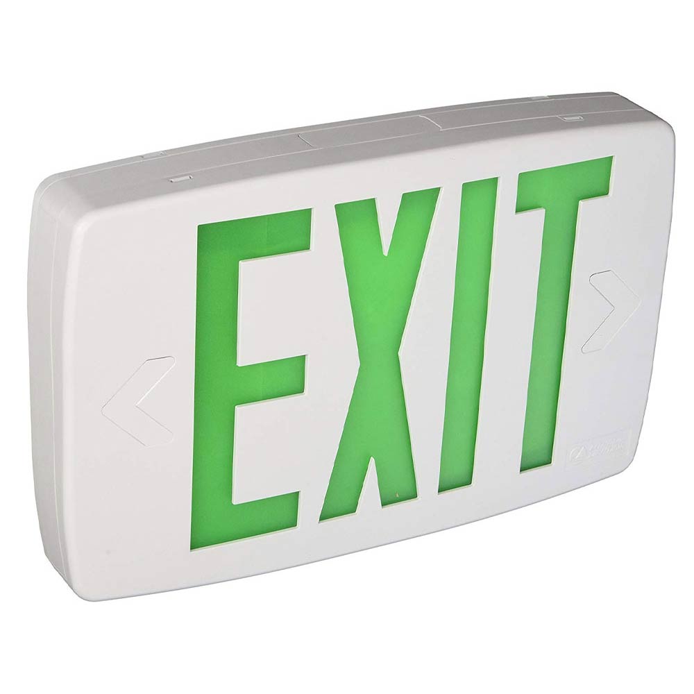 LED Exit Sign, Universal Face with Green Letters, White Finish, Battery Backup Included