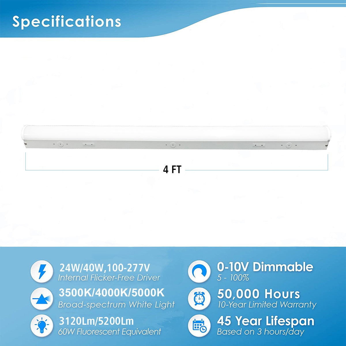 4ft LED Strip Light Fixture, 24/32/40 Watts, 5200 Lumens, 35K/40K/50K, 120-277V - Bees Lighting