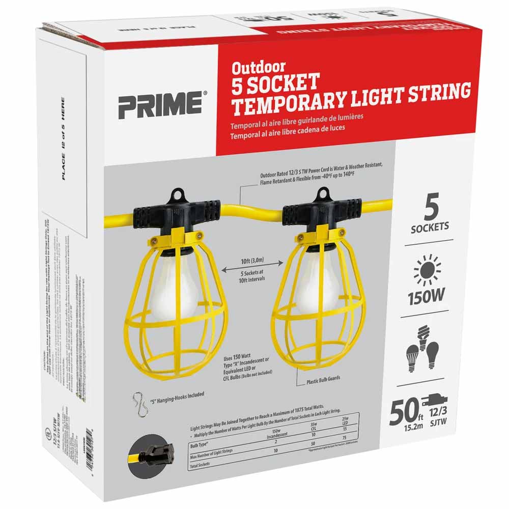 50ft Cord, Construction String Lights, 125V, 5 Bulbs - Bees Lighting