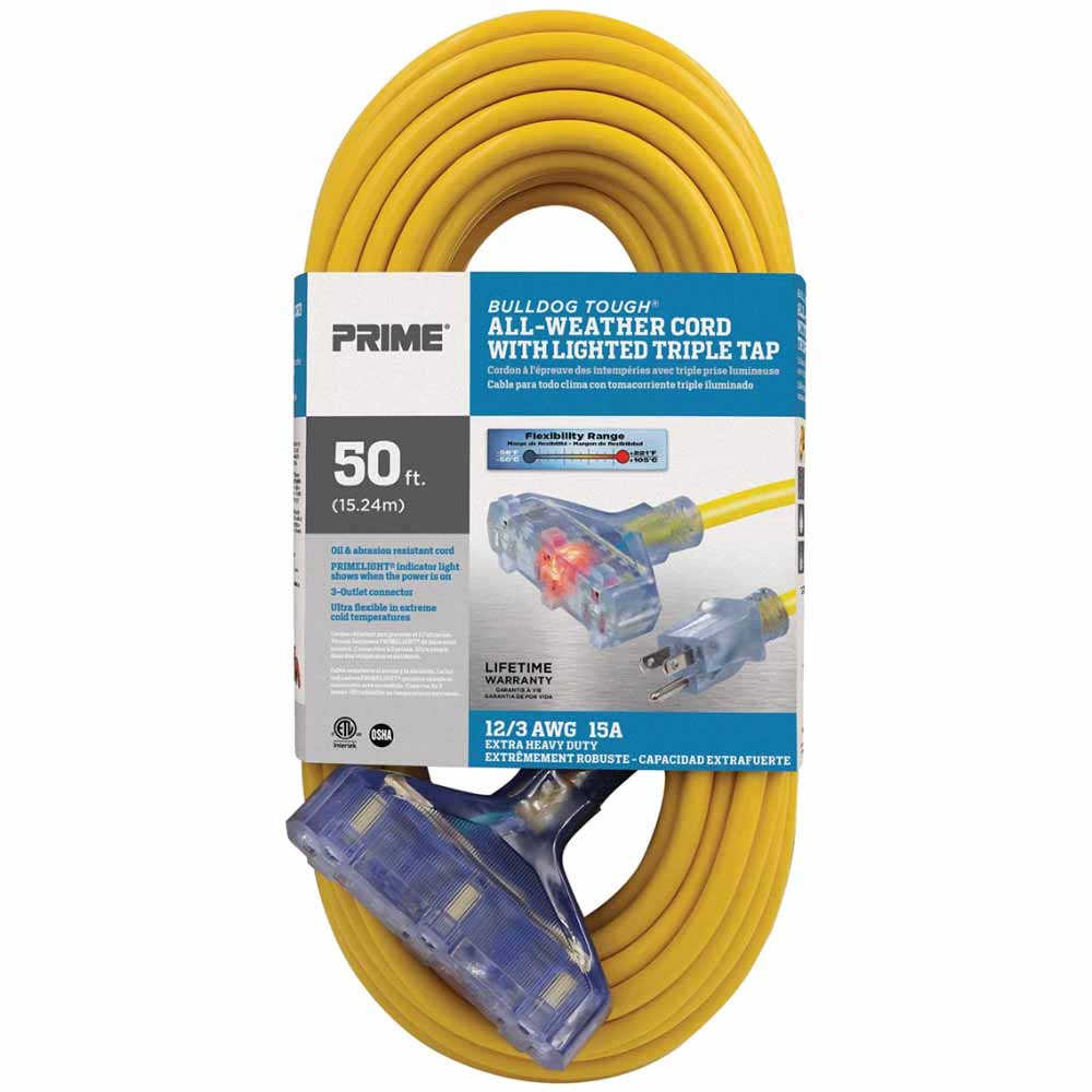 50 ft. Outdoor Heavy Duty Bulldog Tough Oil Resistant 3-Outlet Extension Cord 12/3 SJTOW Yellow