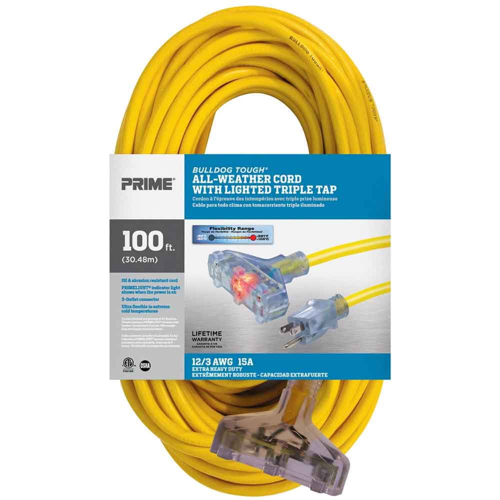 100 ft. Outdoor Heavy Duty Bulldog Tough Oil Resistant 3-Outlet Extension Cord 12/3 SJTOW Yellow