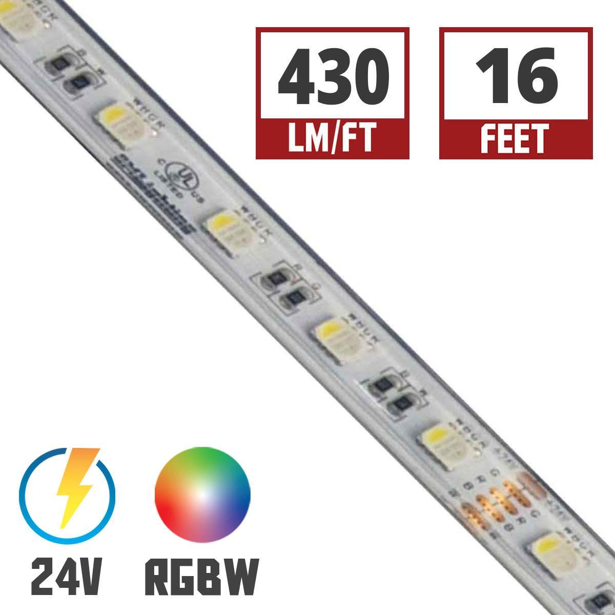 LTR-S Spec LED Strip Light, 16ft Reel, Color Changing RGB + 3000K, 430 Lumens per Ft, 24V