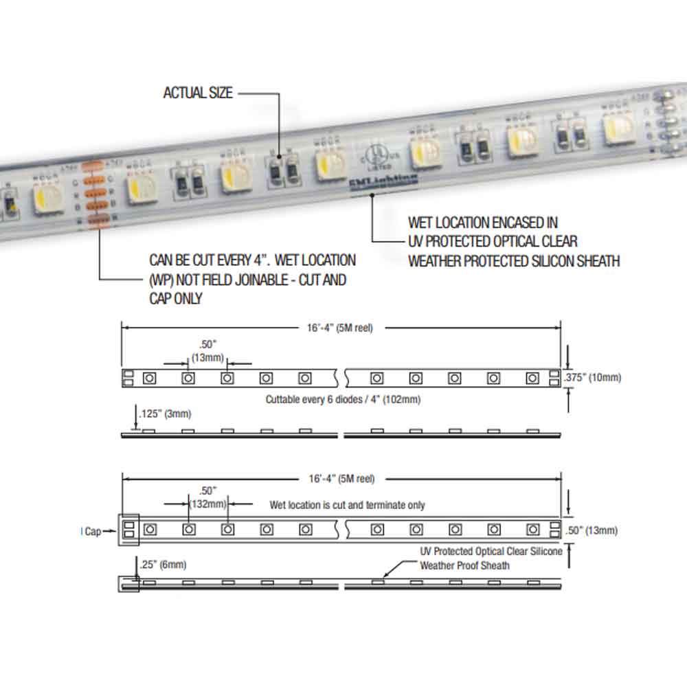 LTR-S Spec Wet Location LED Strip Light, 16Ft Reel, Color Changing RGB + 3000K, 210 Lm/Ft, 24V - Bees Lighting