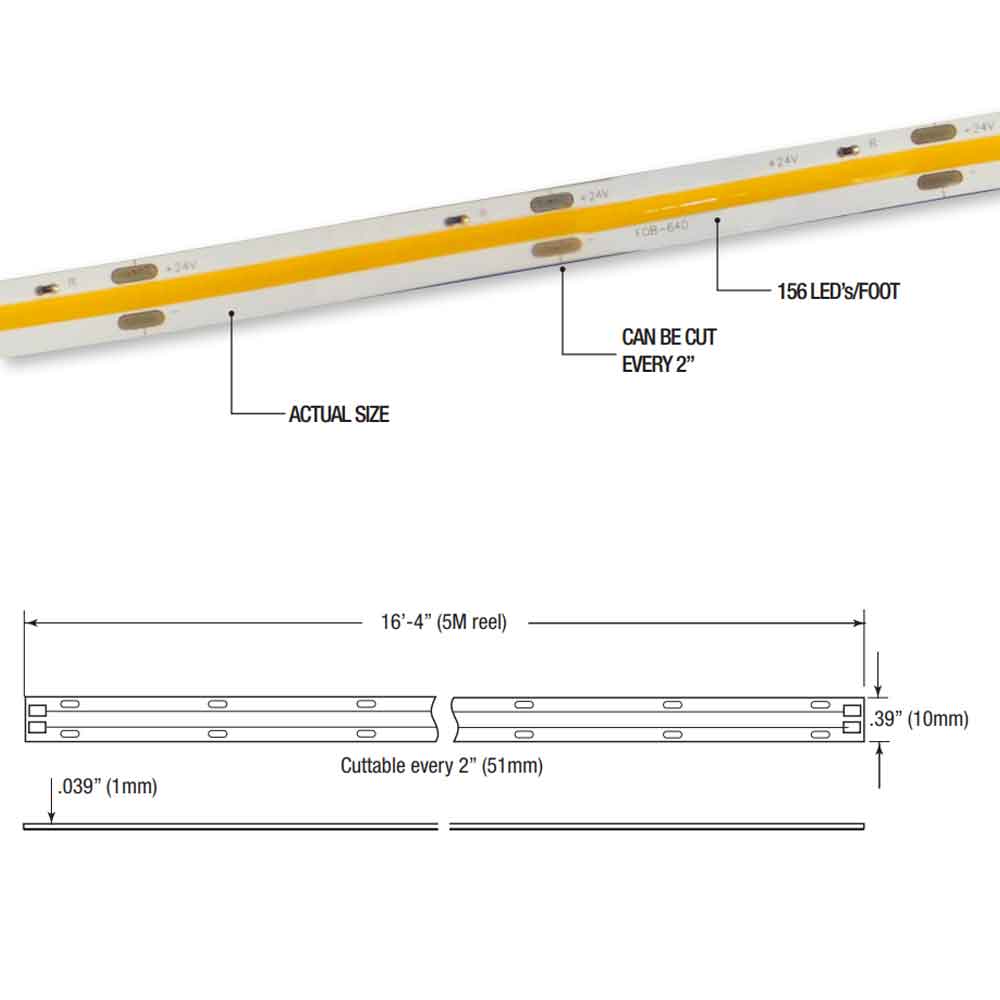 LTR-S Spec COB LED Strip Light, 16Ft Reel, 2700K, 255 Lm/Ft, 24V - Bees Lighting