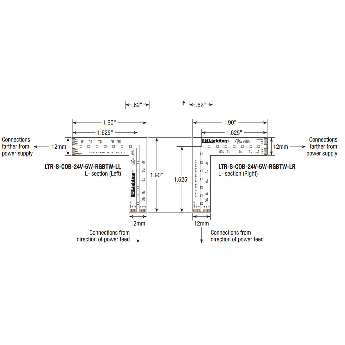 LTR-S Spec COB RGBTW L-Section, 5.0 watts per Ft, 24V, Left - Bees Lighting