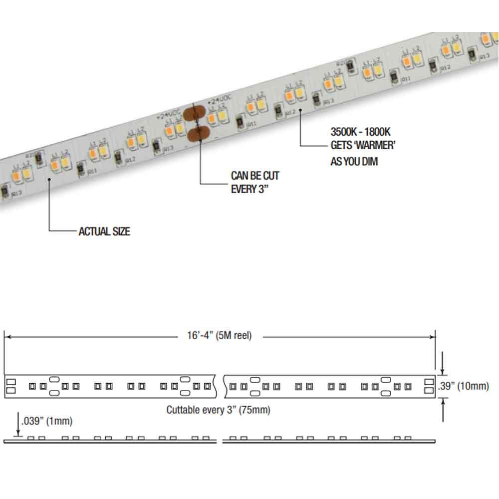 LTR-S Spec LED Strip Light, 16ft Reel, Dim to Warm 3500K to 1800K, 194 Lumens per Ft, 24V