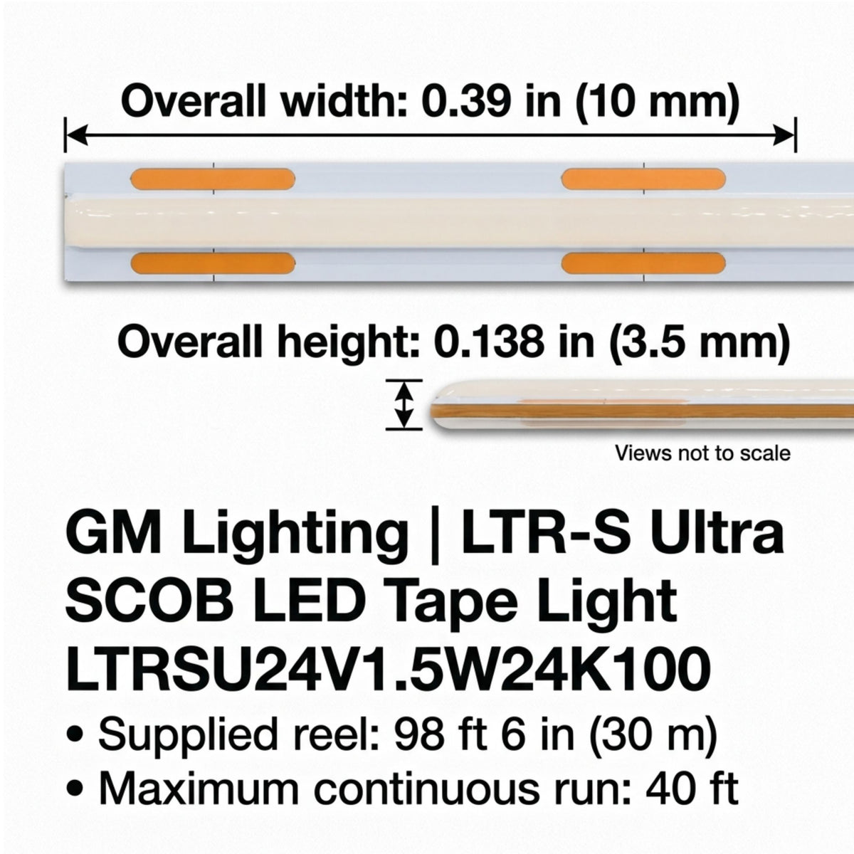GM Lighting LED tape light shown with dimensions: 0.39 in wide and 0.138 in high