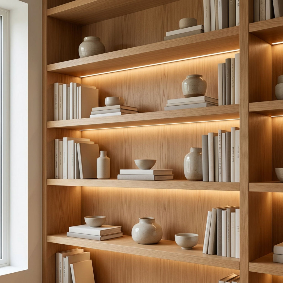 GM Lighting LTR-S Ultra LED tape light installed beneath wooden shelves, casting a warm glow.