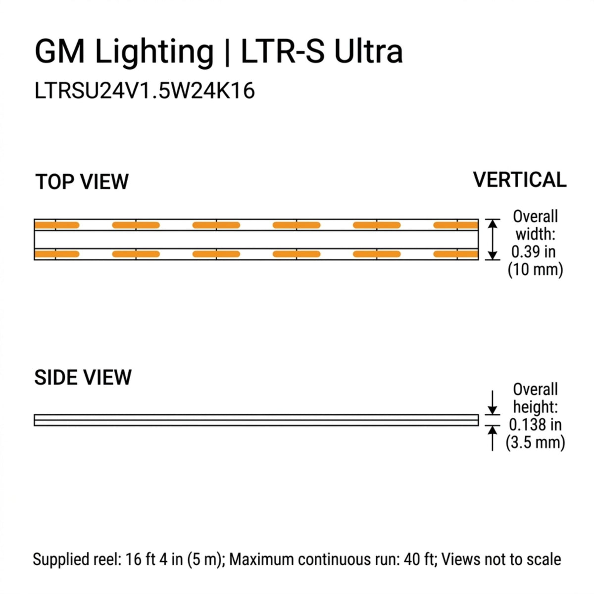 GM Lighting LTR-S Ultra LED tape light dimension diagram showing 0.39-inch width and 0.138-inch height.