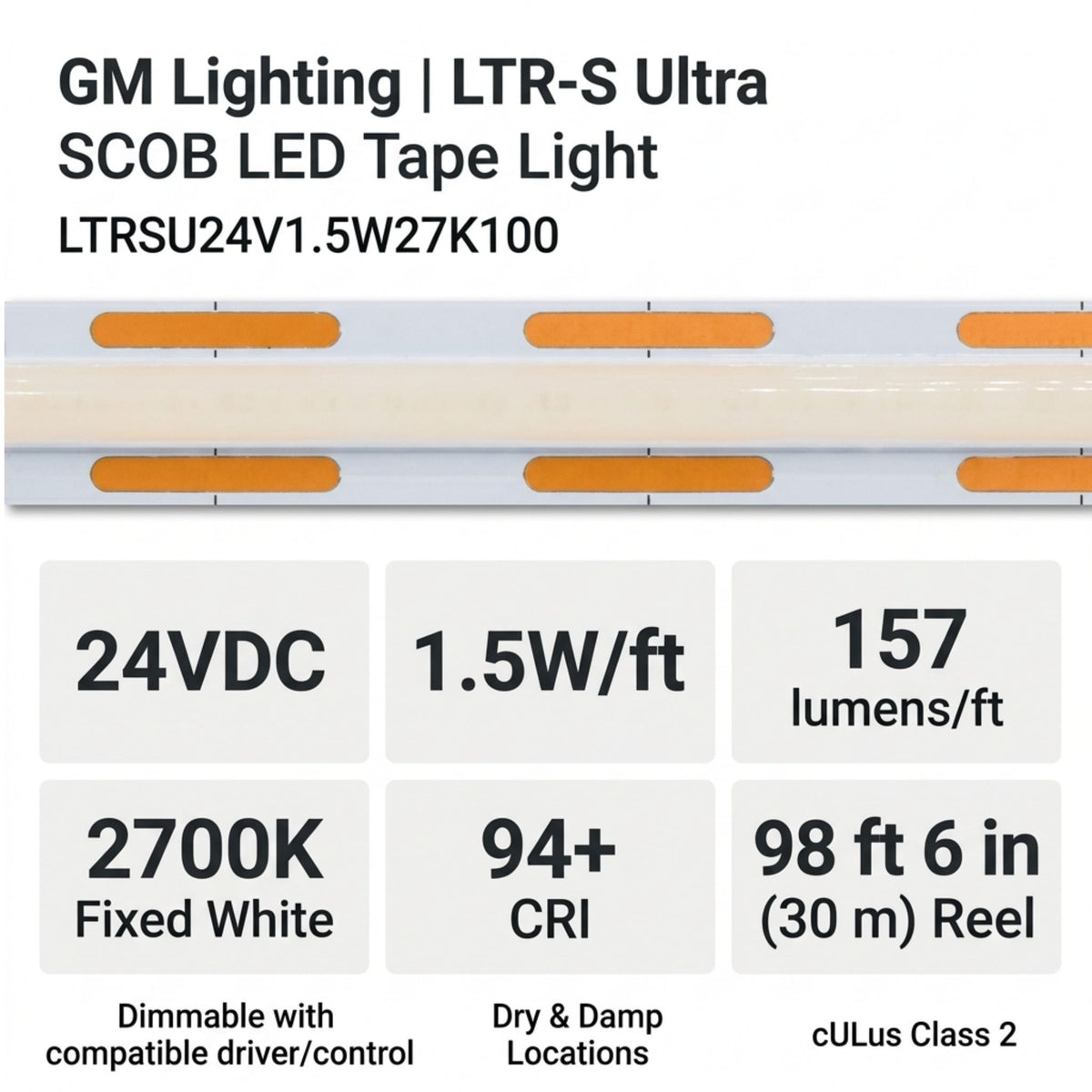 GM Lighting LTR-S Ultra LED tape light strip with orange LED segments and 24V, 2700K specifications